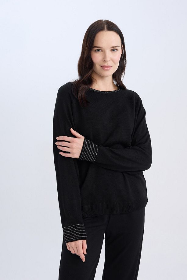 Regular Fit Bisiklet Yaka Simli Reglan Kol Siyah Triko Kazak Tunik D1580ax24wn - 3
