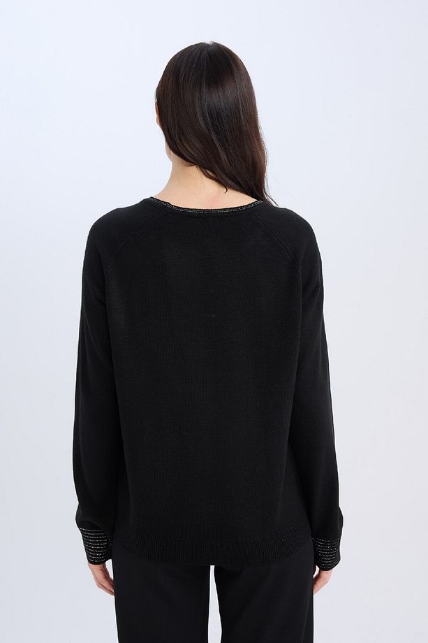 Regular Fit Bisiklet Yaka Simli Reglan Kol Siyah Triko Kazak Tunik D1580ax24wn - 5