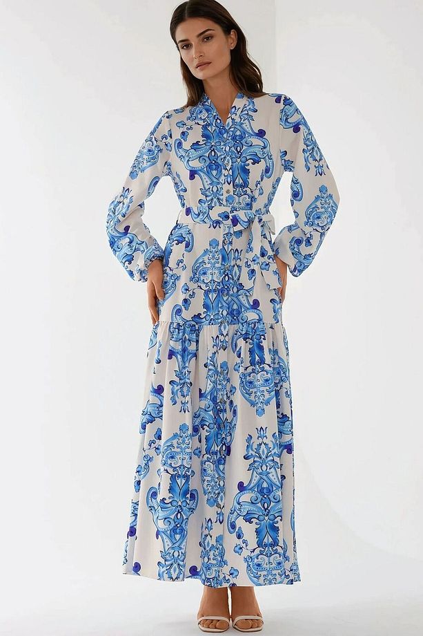 Baskılı Uzun Kol Kuşaklı Modest Elbise - 6
