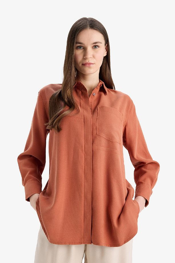 Relax Fit Basic Düz Modal Uzun Kollu Gömlek Tunik D1299AX25SP - 4
