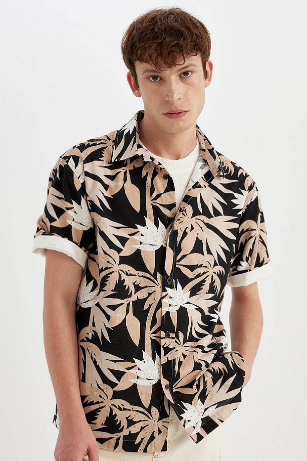 Regular Fit Yazlık Hawaii Baskılı Pamuklu Kısa Kollu Gömlek C7667ax24sm - 1