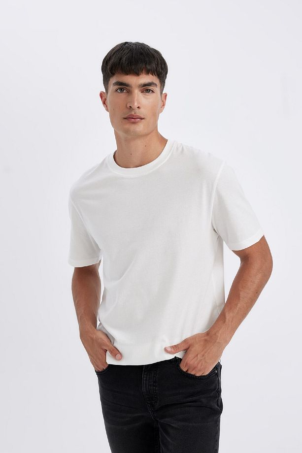 %100 Pamuk New Regular Fit Bisiklet Yaka Basic Düz Kısa Kollu Beyaz Tişört V7699az24au - 3