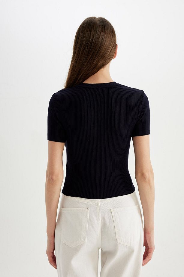 Crop Bisiklet Yaka Basic Düz Fitilli Kısa Kollu Triko Kazak C5638ax24au - 7