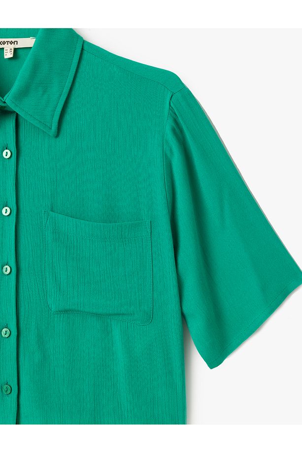 Cep Detaylı Kısa Kollu Viskon Crop Oversize Gömlek - 6