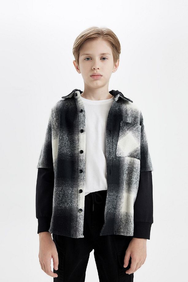 Erkek Çocuk Oversize Geniş Kalıp Kapüşonlu Flanel Uzun Kollu Gömlek C7510a824wn - 6
