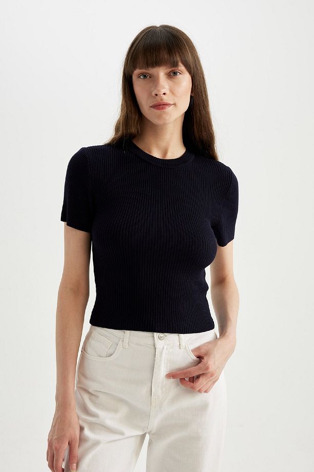 Crop Bisiklet Yaka Basic Düz Fitilli Kısa Kollu Triko Kazak C5638ax24au - 4