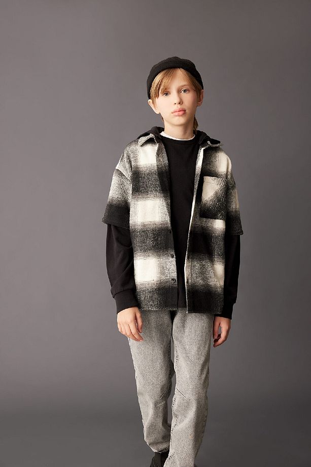Erkek Çocuk Oversize Geniş Kalıp Kapüşonlu Flanel Uzun Kollu Gömlek C7510a824wn - 3