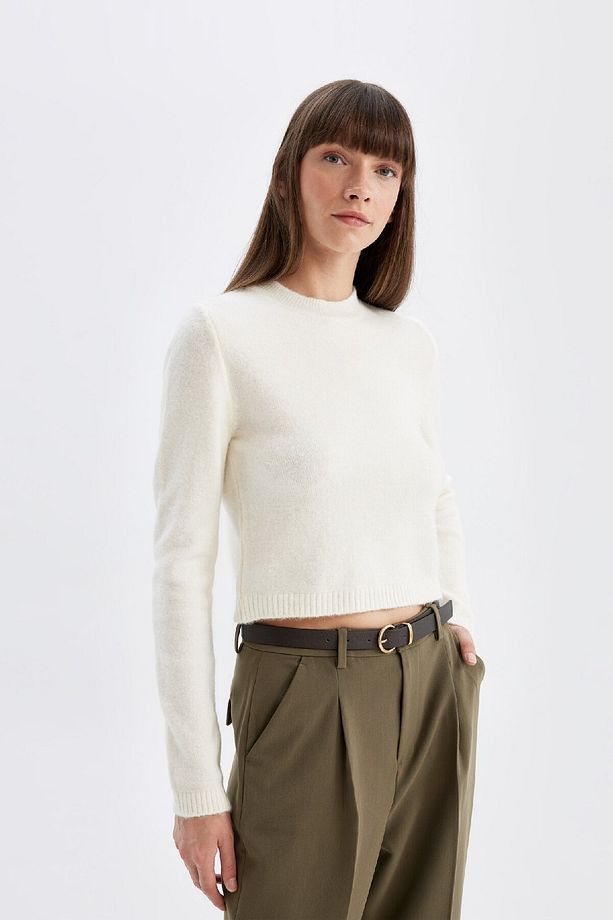 Regular Fit Bisiklet Yaka Premium Basic Düz Crop Triko Kazak C9047ax24wn - 3