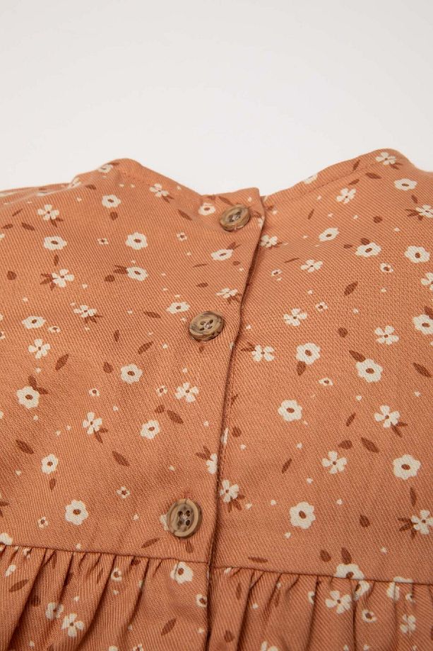Kız Bebek Çiçekli Uzun Kollu Düğmeli Twill Elbise D2543a524au - 3