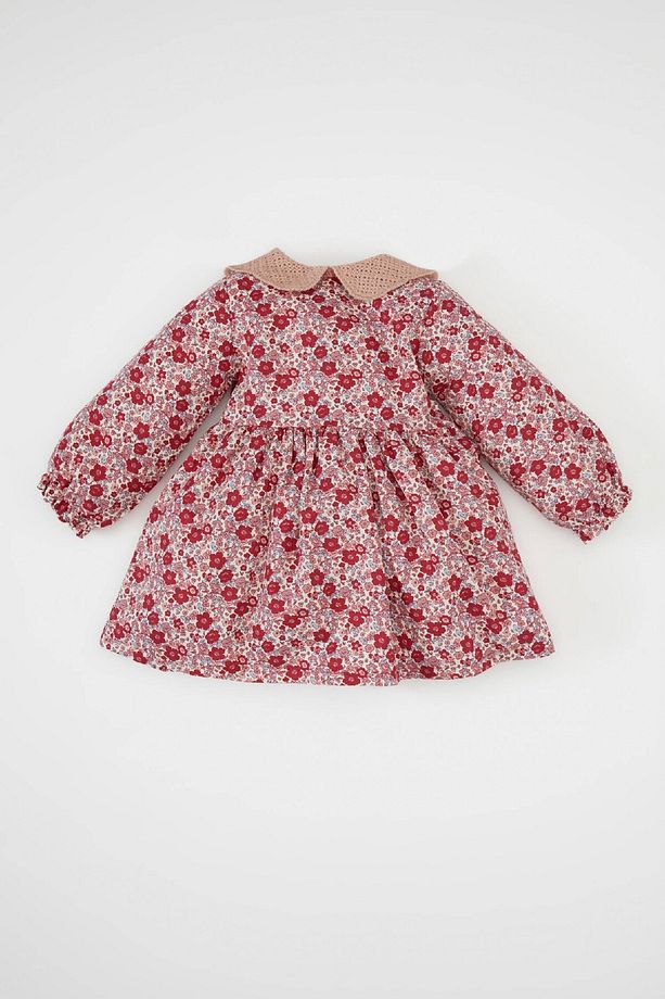 Kız Bebek Geniş Örgü Yaka Çiçek Desenli Düğmeli Uzun Kollu Twill Elbise D3073a524au - 5