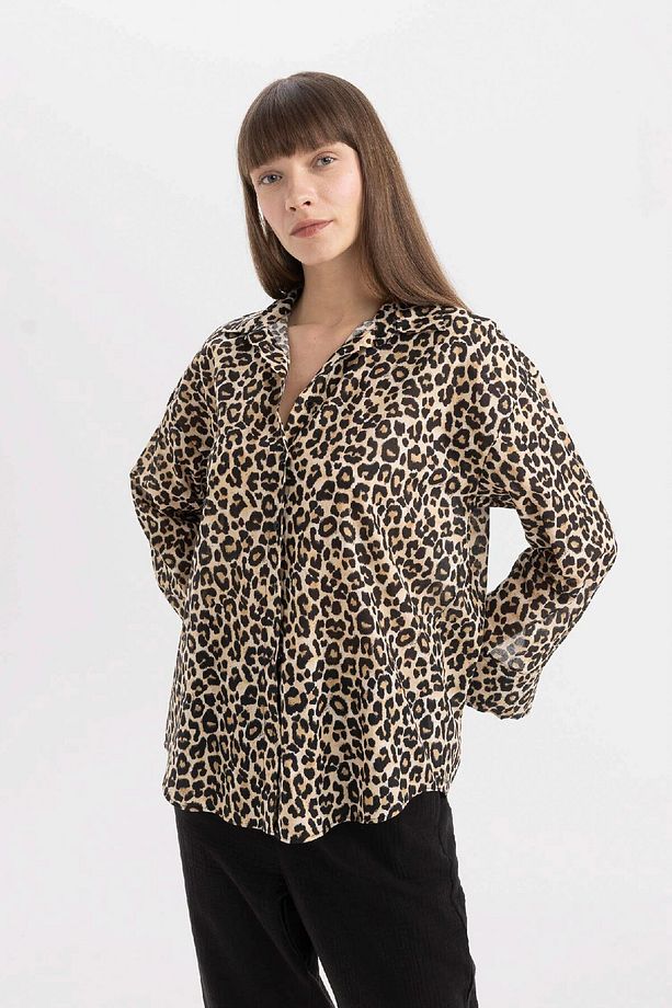 Oversize Geniş Kalıp Uzun Kollu Leopar Desenli Vual Gömlek D2564ax24sm - 3