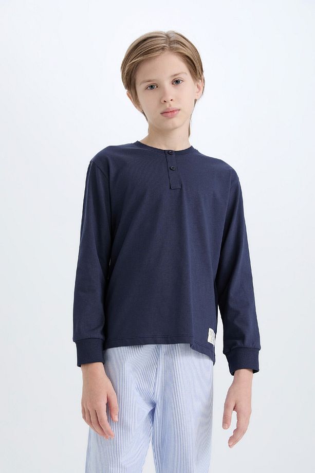 Erkek Çocuk Pijama Takımı Dokuma Bisiklet Yaka Uzun Kollu Üst Çizgili Alt D2894a824wn - 3