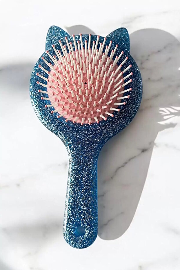 Blue Color Ear Figured Glitter Hair Brush/Comb