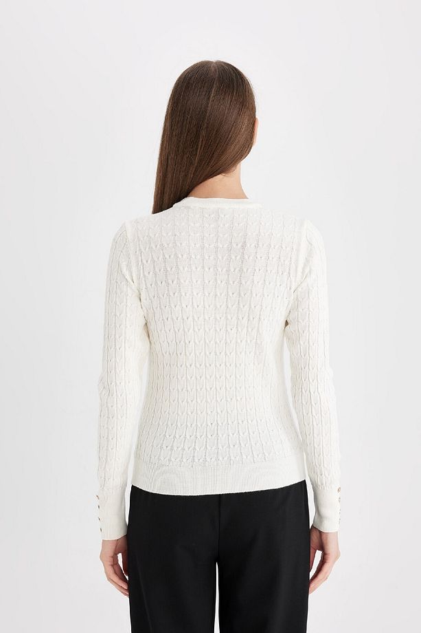 Regular Fit Bisiklet Yaka Saç Örgülü Düğmeli Siyah Triko Kazak X7713az24wn - 6