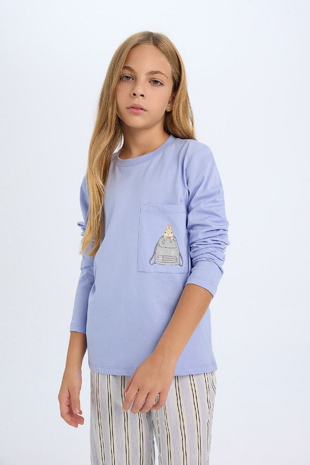 Kız Çocuk Pijama Takım Bisiklet Yaka Uzun Kollu Üst Beli Lastikli Uzun Alt D2112a824au - 3