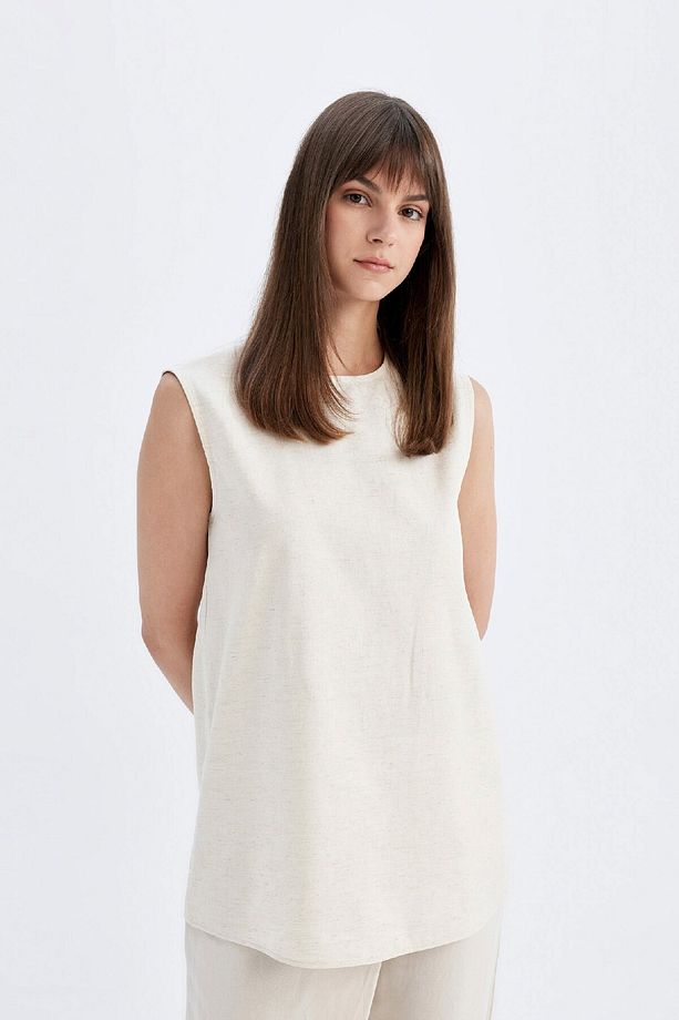 Regular Fit Bisiklet Yaka Basic Düz Keten Karışımlı Kolsuz Tunik D2953ax24hs - 4