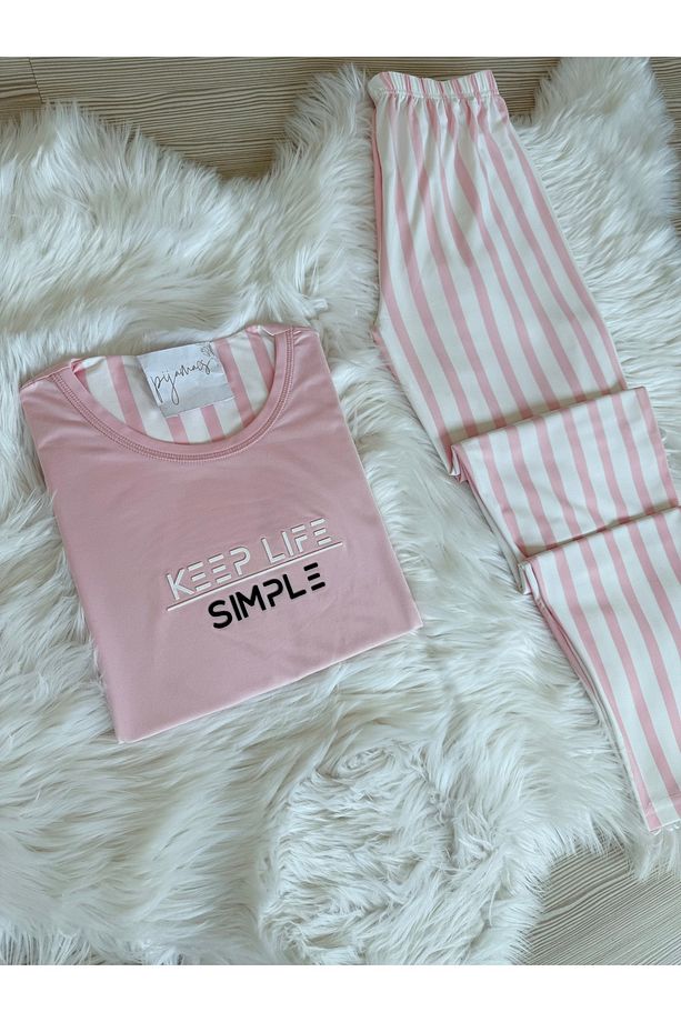 Pembe Çizgili Desenli Kısa Kollu Örme Pijama Takımı - 2