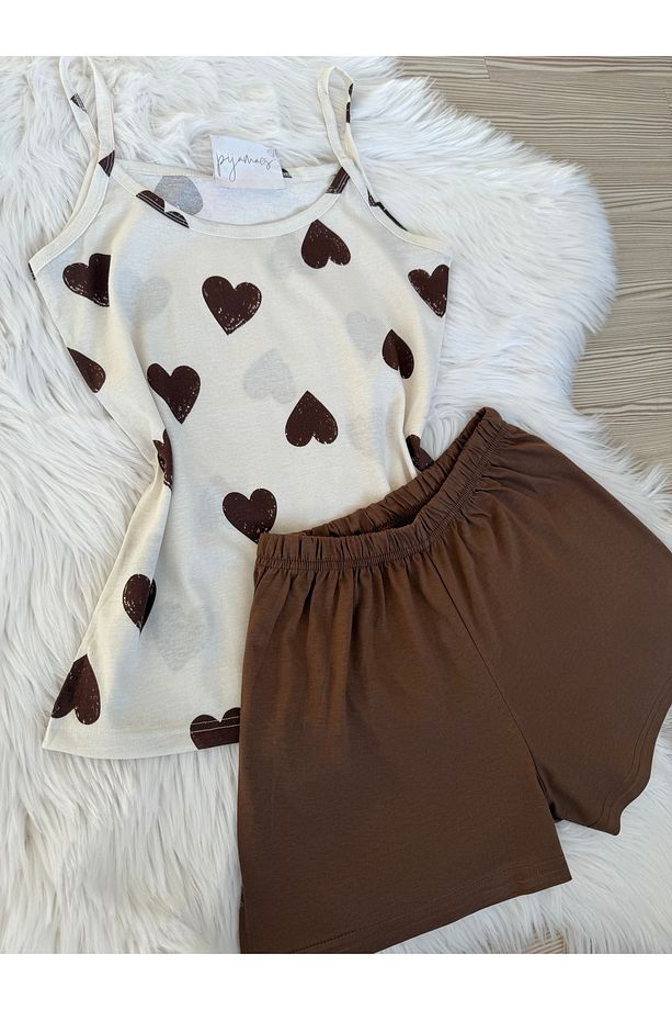 Kahverengi Kalp Desenli Pamuklu İp Askılı Şortlu Pijama Takımı - 8
