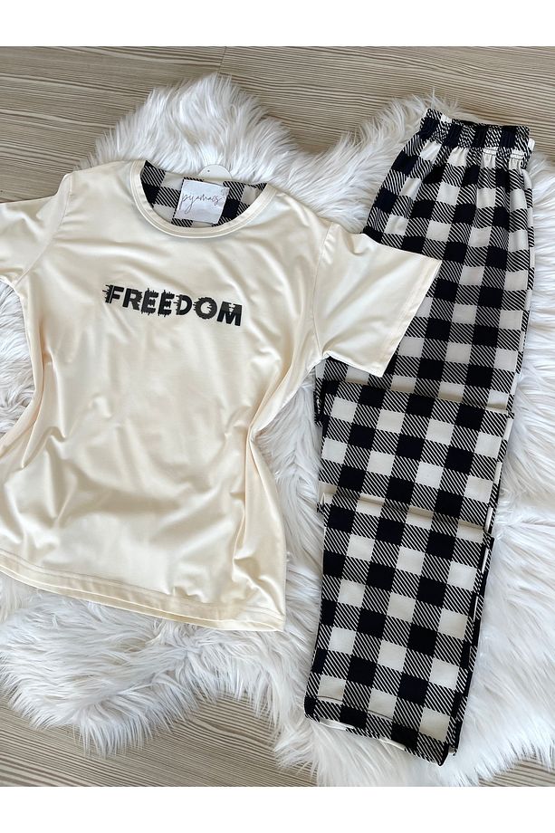 Ekru Ekose Desenli Kısa Kollu Örme Pijama Takımı - 7