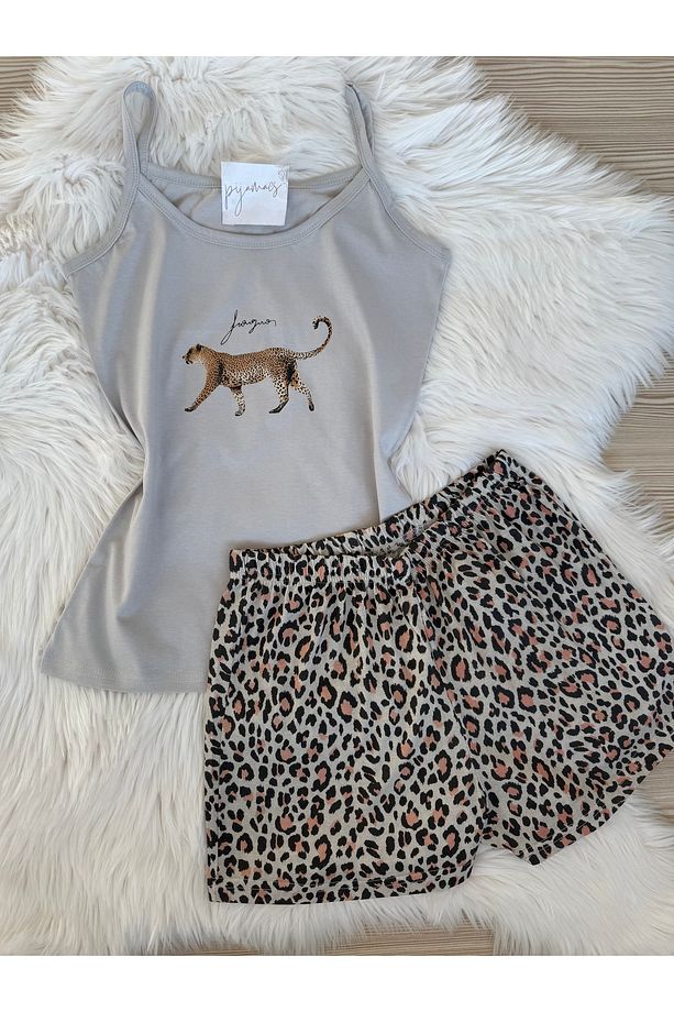 Leopar Desenli Pamuklu İp Askılı Şortlu Pijama Takımı - 1