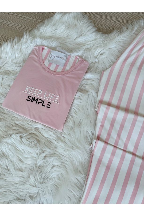 Pembe Çizgili Desenli Kısa Kollu Örme Pijama Takımı - 4