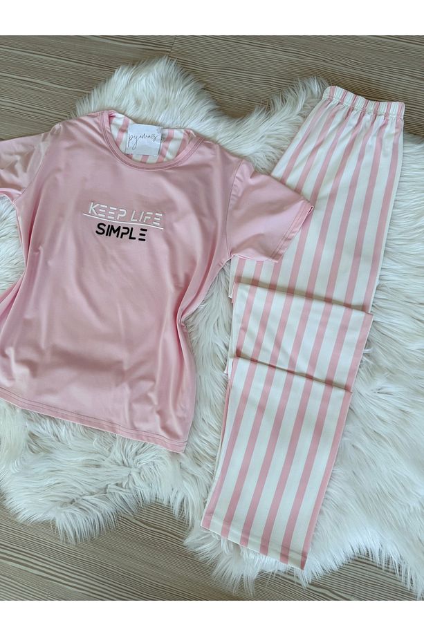 Pembe Çizgili Desenli Kısa Kollu Örme Pijama Takımı - 6