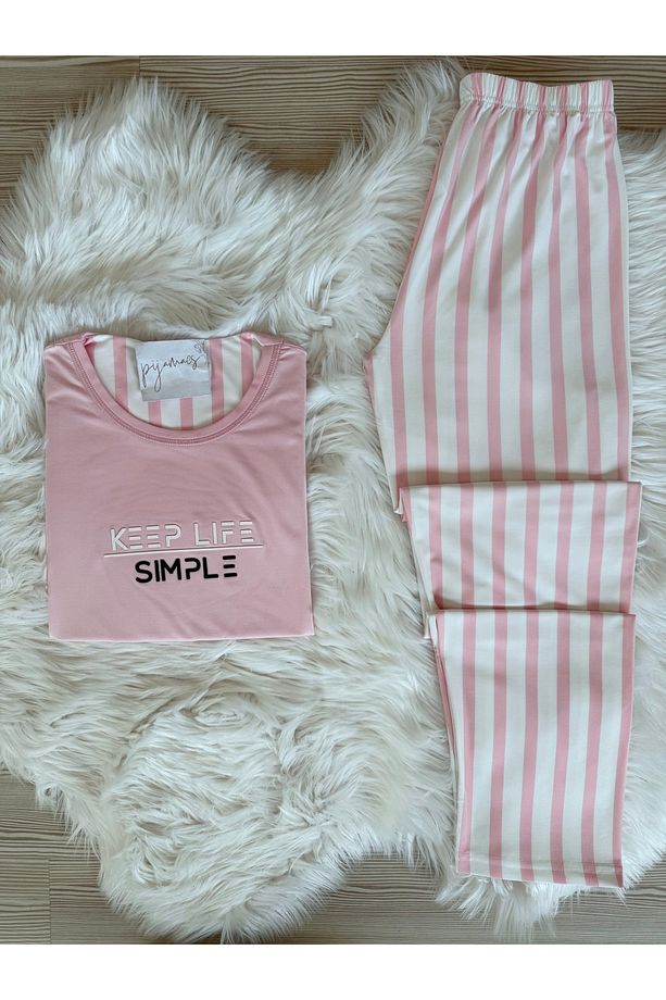 Pembe Çizgili Desenli Kısa Kollu Örme Pijama Takımı - 1