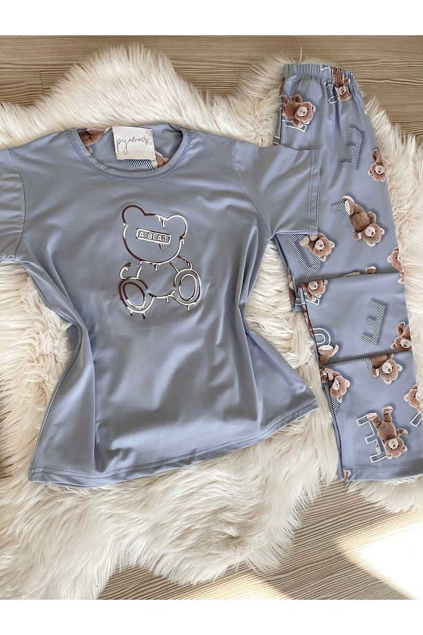 Mavi Ayıcık Desenli Kısa Kollu Örme Pijama Takımı - 6