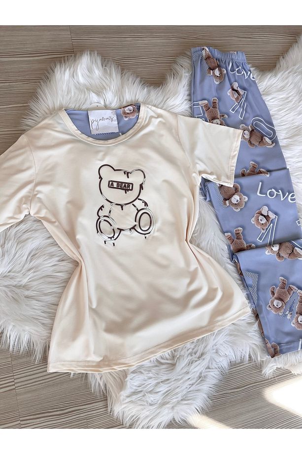 Ekru Ayıcık Desenli Kısa Kollu Örme Pijama Takımı - 6