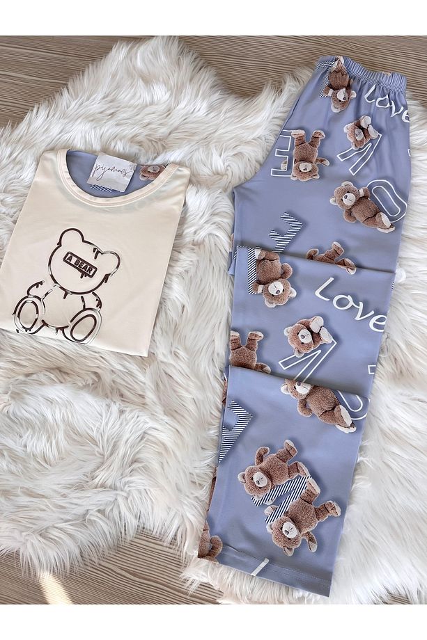 Ekru Ayıcık Desenli Kısa Kollu Örme Pijama Takımı - 5