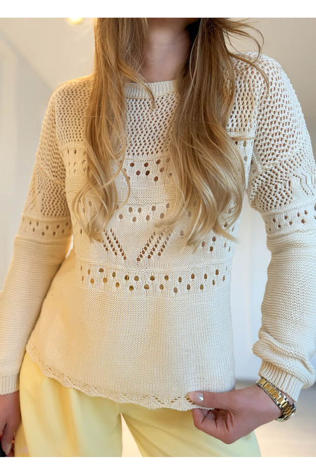 Ekru Ajurlu Kroşe Bluz - 3