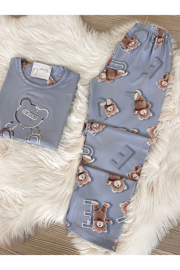 Mavi Ayıcık Desenli Kısa Kollu Örme Pijama Takımı - 5