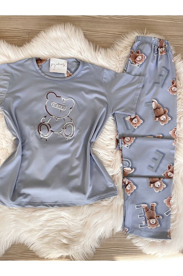 Mavi Ayıcık Desenli Kısa Kollu Örme Pijama Takımı - 8