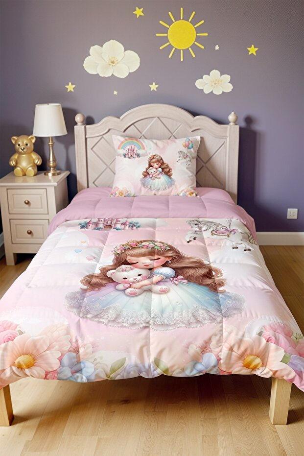 Princess Patterned Single Duvet and Pillowcase with Teddy Bear