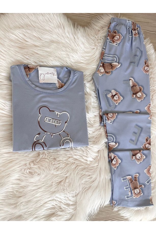 Mavi Ayıcık Desenli Kısa Kollu Örme Pijama Takımı - 3