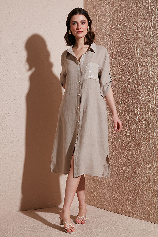 Regular Fit Three Quarter Sleeve Midi Linen Dress Dress 6689687