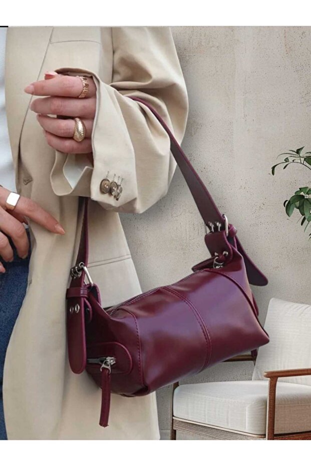 Patent Leather Cylinder Claret Red Hand and Shoulder Bag