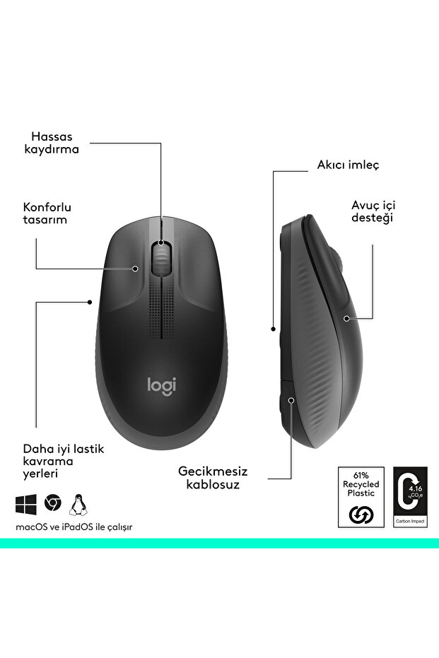 M190 Büyük Boy Usb Alıcılı 1.000 Dpı Kablosuz Mouse - Gri - 7