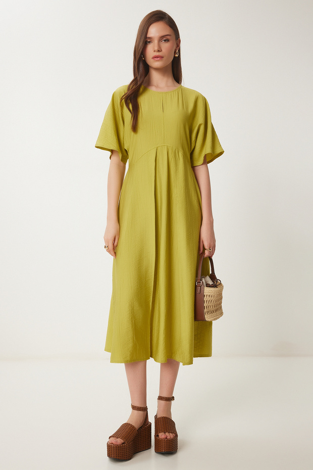 Women's Olive Green Crinkle Effect Midi Woven Dress UB00365