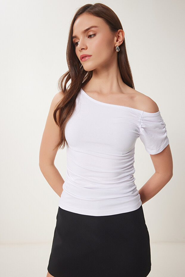 Women's White Gather Detailed Knitted Blouse Zv00275