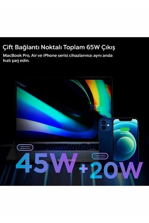 65W GaN USB-C 2 Port Adaptör - Hızlı Şarj Aleti & MacBook Type-C PE2007 White - ACH02693 - 4