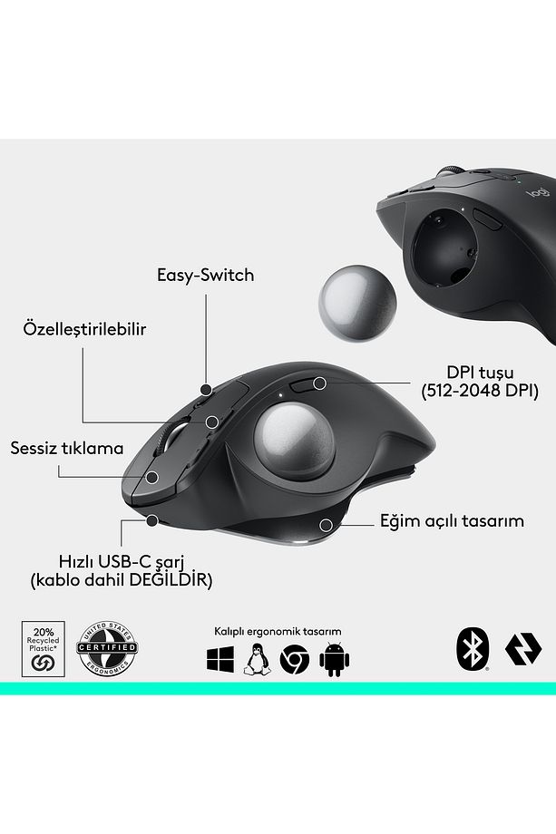 MX ERGO S Gelişmiş Bluetooth Kablosuz Trackball Pc/Mac Için Ergonomik Mouse - Siyah - 7