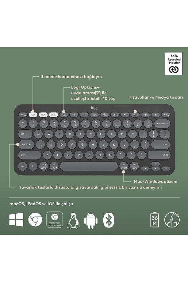 K380s Pebble Keys 2 Çoklu Cihaz Özellikli Bluetooth Türkçe Q Klavye - Siyah 920-011859 - 7