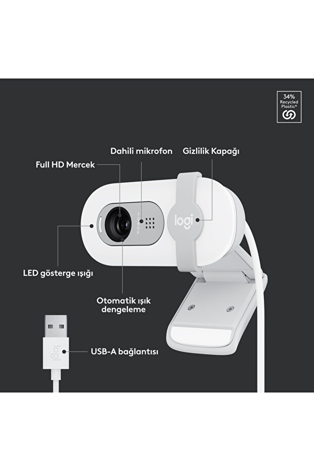 BRIO 100 Full HD 1080p Gizlilik Kapaklı Mikrofonlu Web Kamerası - Beyaz - 7
