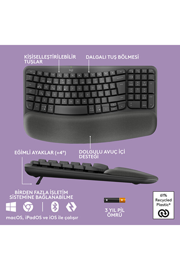 Wave Keys Kablosuz Bluetooth Dolgulu Avuç İçi Destekli Ergonomik Türkçe Q Klavye, Siyah 920-012311 - 6