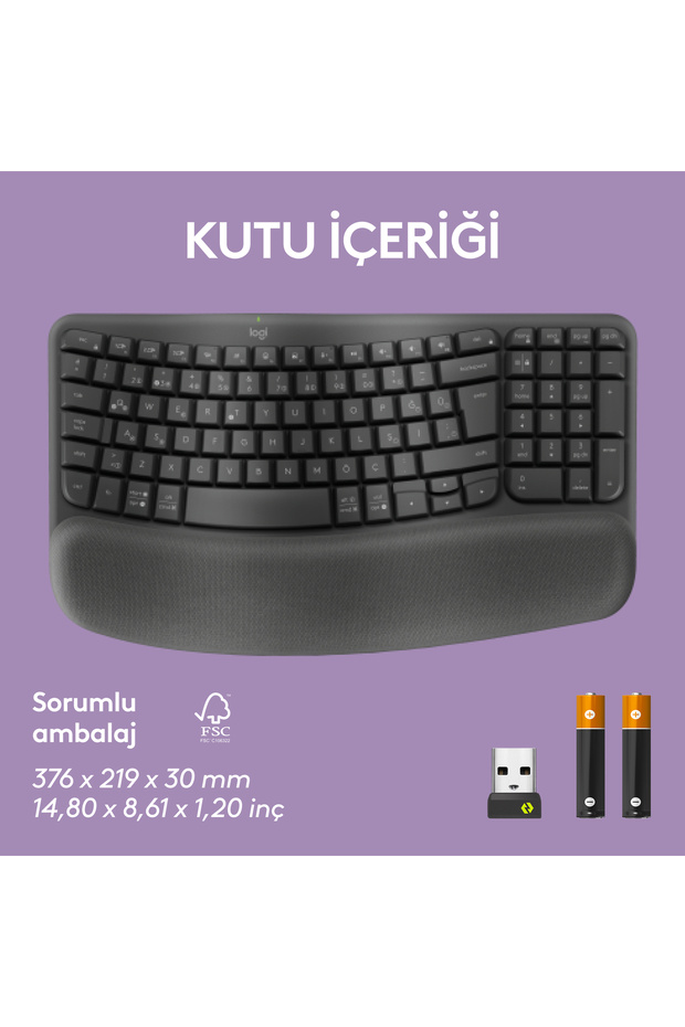 Wave Keys Kablosuz Bluetooth Dolgulu Avuç İçi Destekli Ergonomik Türkçe Q Klavye, Siyah 920-012311 - 10