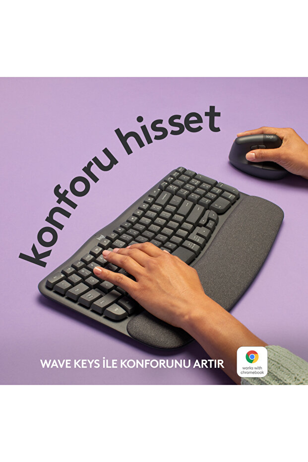 Wave Keys Kablosuz Bluetooth Dolgulu Avuç İçi Destekli Ergonomik Türkçe Q Klavye, Siyah 920-012311 - 2