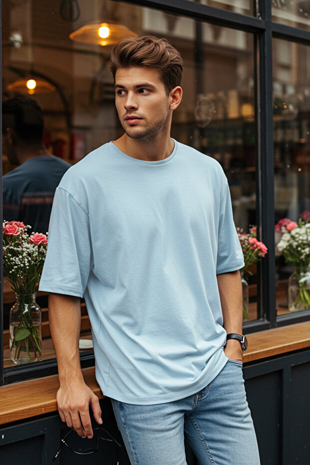Açık Mavi Oversize/Geniş Kesim %100 Pamuklu Kısa Kollu Basic T-Shirt TMNSS22TS0318 - 2
