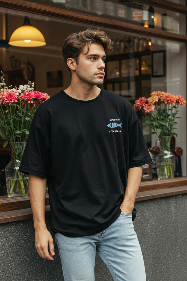 Siyah Oversize/Geniş Kesim %100 Pamuklu Kadife Doku Baskılı T-Shirt TMNSS22TS0318 - 1