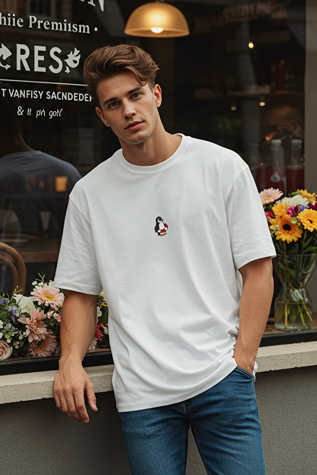 Unisex Ekru Oversize/Geniş Kesim Penguen Nakışlı %100 Pamuklu T-Shirt TMNSS23TS00243 - 5